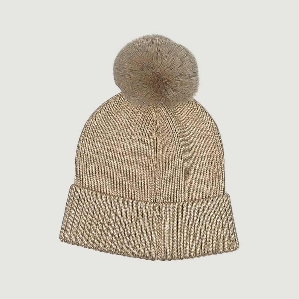 Vince Camuto Tan Ribbed Knit Beanie Hat with Faux Fur Pom-Pom Winter Cap Camel